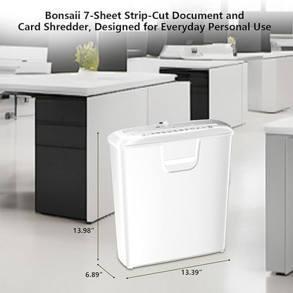 Bonsaii High-Performance 7-Sheet Strip-Cut Shredder, Low Noise, CD & Credit Card Compatible, with 3.4-Gallon Bin and Thermal Protection, White
