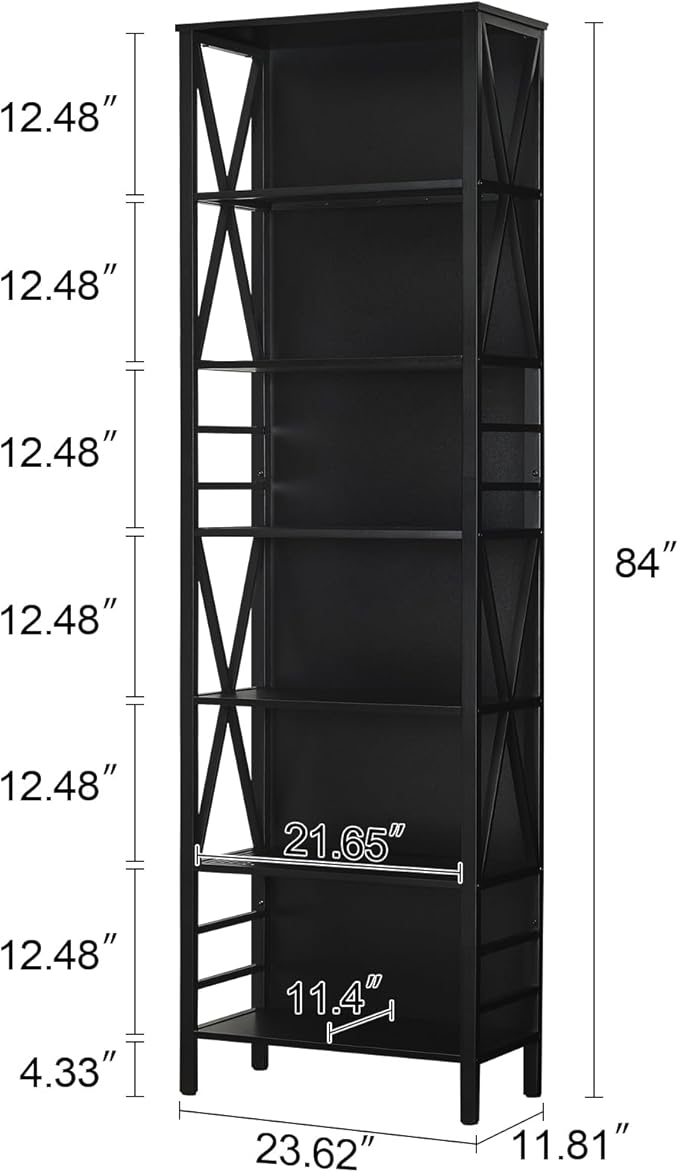 HOMISSUE Bookshelf, 7-Tier Bookshelf, Rustic Wood Metal Bookshelves and Bookcases, Freestanding Open Bookshelf, Industrial Tall Bookcase for Home Office, Living Room and Bedroom, Black
