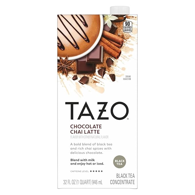 TAZO Chocolate Chai Latte, Flavored Black Tea Concentrate, 32 Fl Oz Carton (Pack of 2)