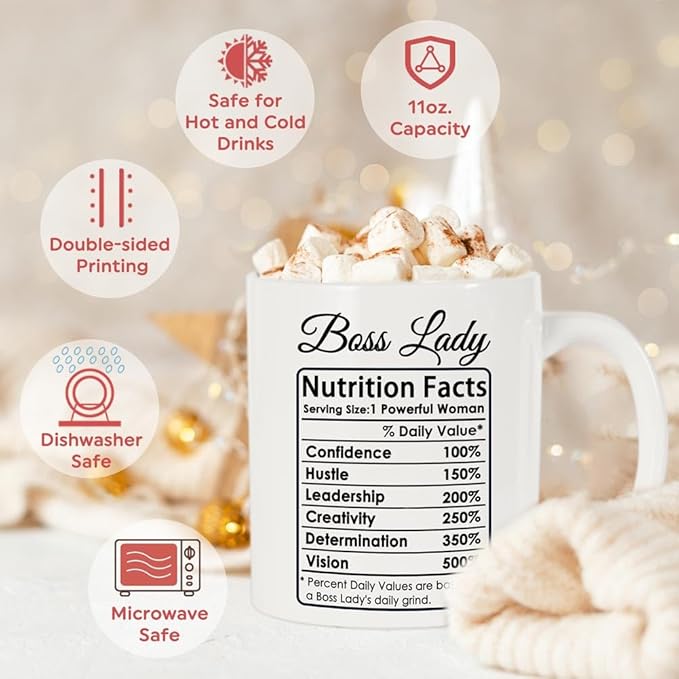 Breezy Valley Boss Lady Mug - Funny Boss Gifts for Women, Boss Day Gifts for Women, Christmas or Birthday Gift for Boss Female, Women Leaders - Boss Lady Nutrition Facts Coffee Mug, 11oz