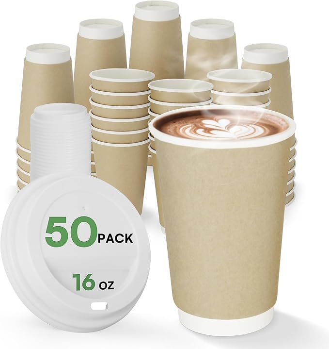 To Go Coffee Cups with Lids 16 oz Paper Cups,50 Pack Insulated Compostable Hot Cups with Lids, BPI Certified Natural Kraft Double Wall Disposable Coffee Cups for Everyday Togo Office Coffee Bar Supply
