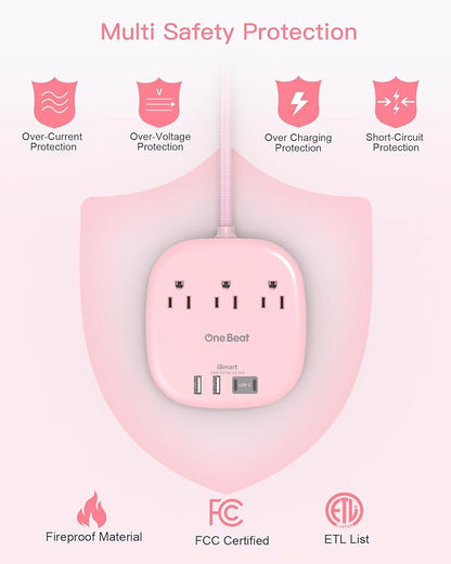 10Ft Flat Plug Power Strip, Pink Flat Extension Cord - 3 Outlets 4 USB Ports (2 USB C) Desktop Charging Station, Cruise Ship Power Strip with No Surge Protection for Travel, Dorm Room Essentials