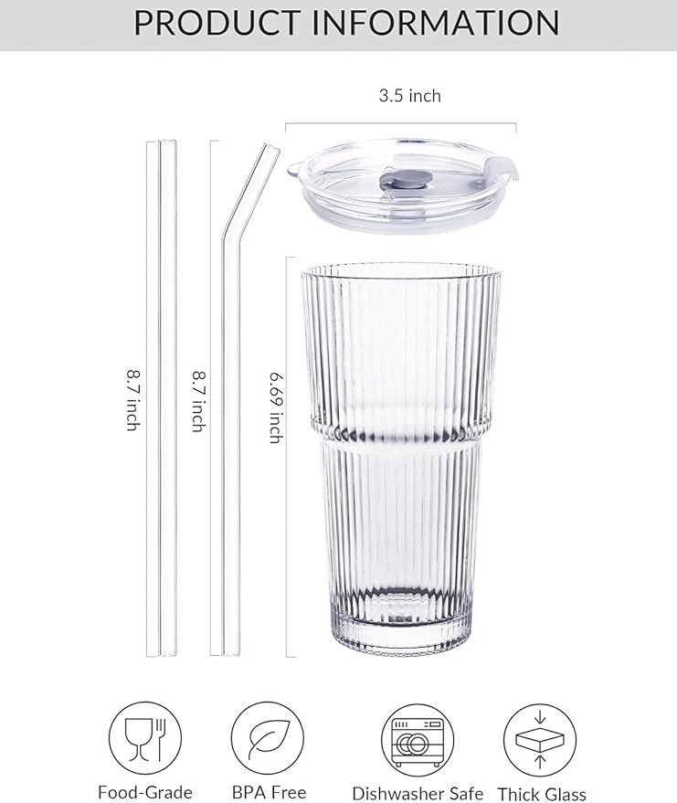 20 oz Glass Tumblers, Iced Coffee Cups with Lids and Glass Straws, Thickened Wall Glass Cups, Ideal for Smoothies, Cocktails, and Juices – Vintage and Durable Drinkware –2 Pack