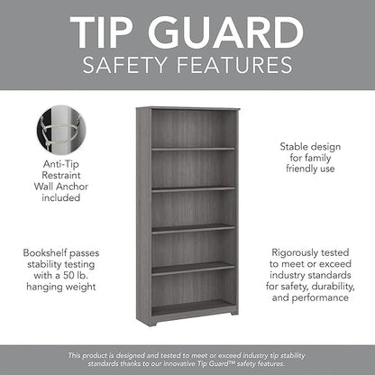 Bush Furniture Cabot Tall 5 Shelf Bookcase | Large Open Bookshelf in Modern Gray | Sturdy Display Cabinet for Library, Living Room, and Home Office