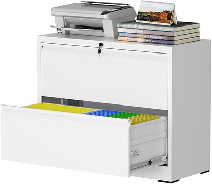 2 Drawer Lateral File Cabinet with Lock, Metal File Cabinets for Home Office, Steel Heavy-Duty Filing Storage Cabinet for Letters/Legal/A4 (Require Assembly, White)