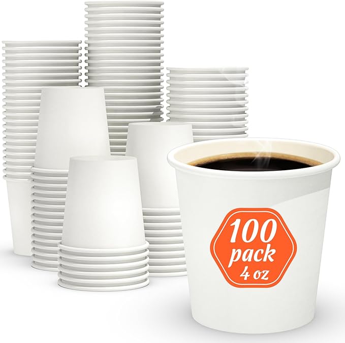 100 Count 4 oz Coffee Cups, Leak-Free Food Safe Paper Cups 4 oz, Disposable 4oz White Paper Cups for Cold and Hot Drinks