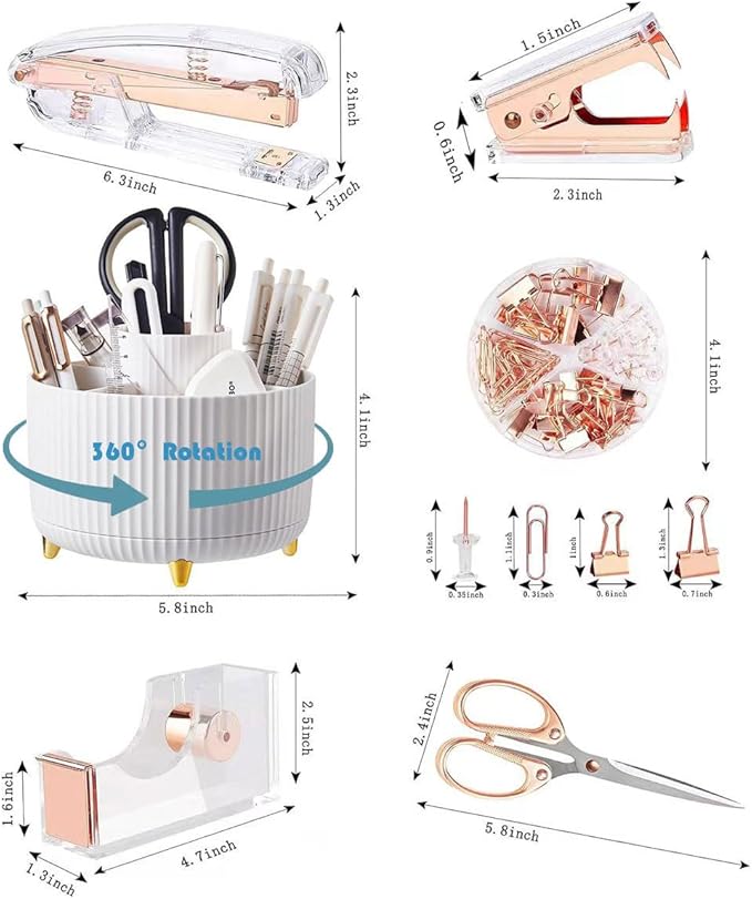 Desk Organizers and Accessories 7Pcs Set with 360-Degree Rotating Pen Holder, Acrylic Stapler, Tape Holder, Staple Remover, Binder/Paper Clips Kit, Scissor and 1 Box of Staples
