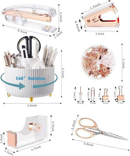 Desk Organizers and Accessories 7Pcs Set with 360-Degree Rotating Pen Holder, Acrylic Stapler, Tape Holder, Staple Remover, Binder/Paper Clips Kit, Scissor and 1 Box of Staples