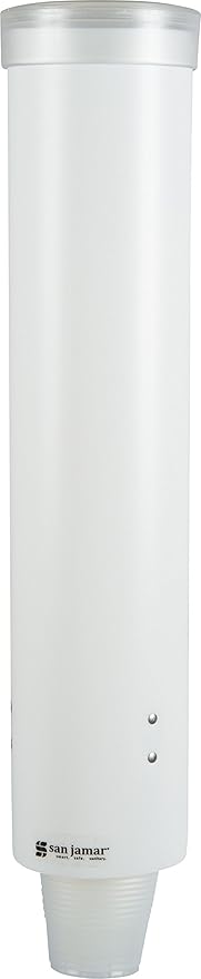 San Jamar Medium Pull-Type Cup Dispenser 4-10 Oz. Cups with Flip Cap for Restaurants, Dining Halls, and Fast Food Plastic, 16 Inches, White
