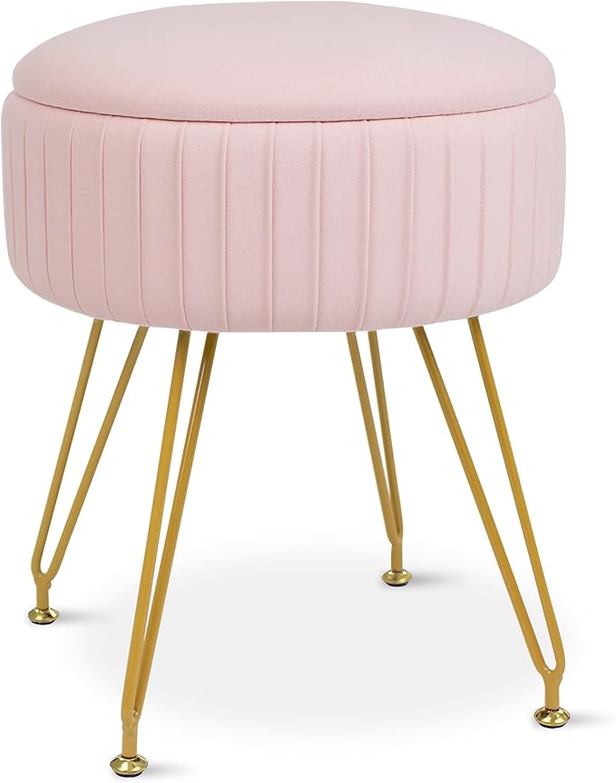 Round Vanity Stool with Storage Ottoman,Vanity Chair for Makeup Room with Removable Cover, Small Footrest Ottoman for Home, Living Room, Bedroom (Pink)