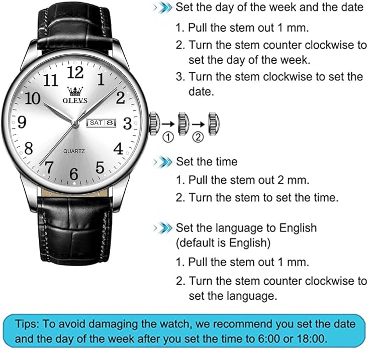 OLEVS Mens Watches Vintage Leather Band Dress Classic Easy Reader Arabic Numerals Analog Quartz Waterproof Date and Day Blue/Black/White Large Face Men's Wrist Watches