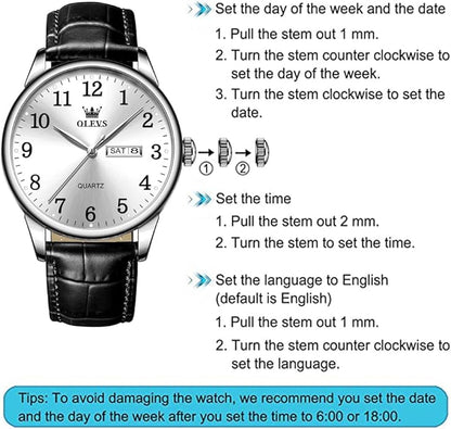 OLEVS Mens Watches Vintage Leather Band Dress Classic Easy Reader Arabic Numerals Analog Quartz Waterproof Date and Day Blue/Black/White Large Face Men's Wrist Watches