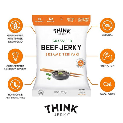 Think Jerky Sesame Teriyaki Beef Jerky, Grass-Fed High Protein Beef, Gluten Free, No Antibiotics or Nitrates, Healthy Chef Crafted Recipe, Low Calorie and Low Fat - 1.0 oz Bags, 8 Pack