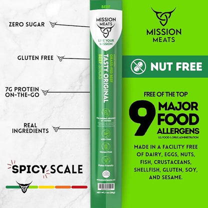 Mission Meats Beef Sticks – 100% Grass Fed Beef, Zero Sugar, Healthy Snacks, Individually Wrapped, Gluten Free, Non-GMO, Original 1oz (Pack of 24)