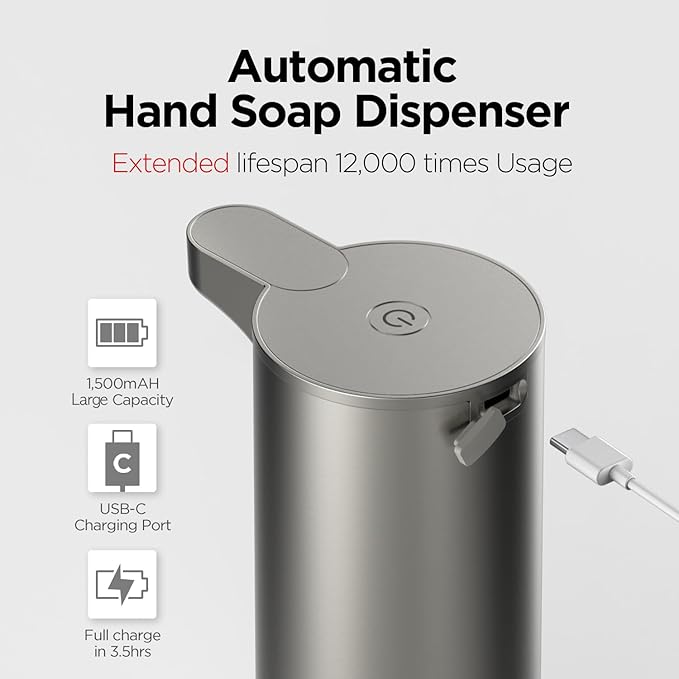 mooas Automatic Foaming Soap Dispenser - Stainless Steel, Touchless, Rechargeable, Hands Free, 9.4oz (Silver)