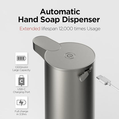 mooas Automatic Foaming Soap Dispenser - Stainless Steel, Touchless, Rechargeable, Hands Free, 9.4oz (Silver)