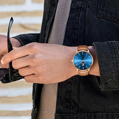 CHEETAH Minimalist Waterproof Quartz Watches for Men with Leather Strap, Auto Date