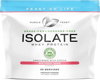 Muscle Feast Grass-Fed Whey Protein Isolate, All Natural Hormone Free Pasture Raised, Whey Isolate Protein Powder for Men and Women, Clean, Gluten-Free, Delicious Isolate Protein - Birthday Cake, 2lb