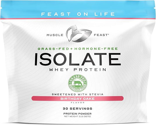 Muscle Feast Grass-Fed Whey Protein Isolate, All Natural Hormone Free Pasture Raised, Whey Isolate Protein Powder for Men and Women, Clean, Gluten-Free, Delicious Isolate Protein - Birthday Cake, 2lb