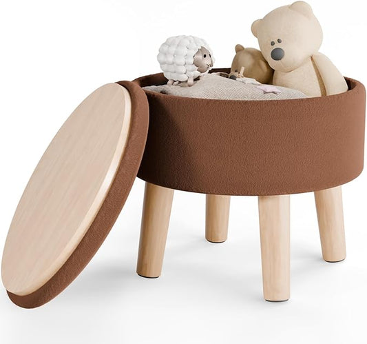 Poofzy Small Ottoman with Storage, Small Foot Stool Ottoman with Wood Legs, Velvet Foot Rest for Couch, Living Room and Bedroom - Brown