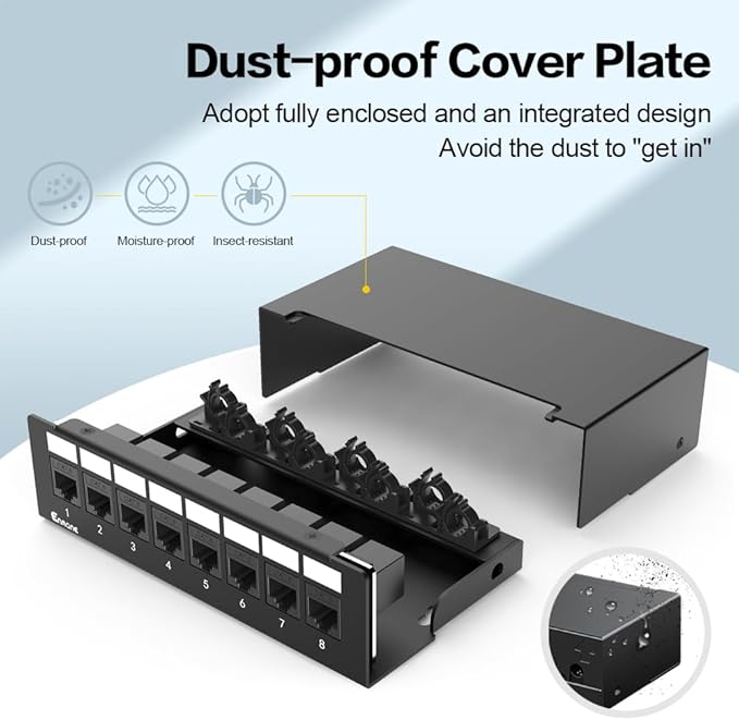 8Port Patch Panel CAT6 Keystone Patch Panel Shielded Network Patch Patch with Smart Cable Management for Home/Office Network (1U 8Port, CAT6)