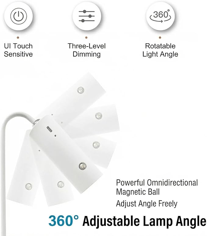 3-in-1 LED Desk Lamp with Magnetic Base, Touch Control, 360° Adjustable Arm, 3 Brightness Levels, Portable Clip-on Light for Reading, Study, Bedside