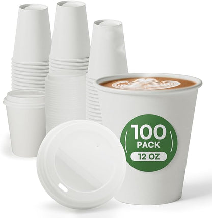 Disposable Coffee Cups with Lids 12 oz Paper Cups,100 Pack To Go Hot Cups with Lids, BPA Free Unbleached Thickened Leak Proof White Disposable Cups for Everyday Use Office Coffee Bar Supply Essentials