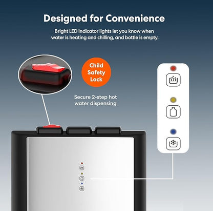 IKT Self-Cleaning Bottom Load Water Cooler Dispenser for 3-5 Gallon Bottle with Child Safety Lock Display Light Stainless Steel