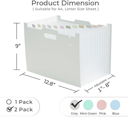 Y YOMA 2 Pack Accordion File Organizer with Handle 12 Pockets Expanding File Folder with Removable Tabs for A4 Letter Size Paper Portable Plastic Filing Organizer Document Bill Receipt Holder, Grey