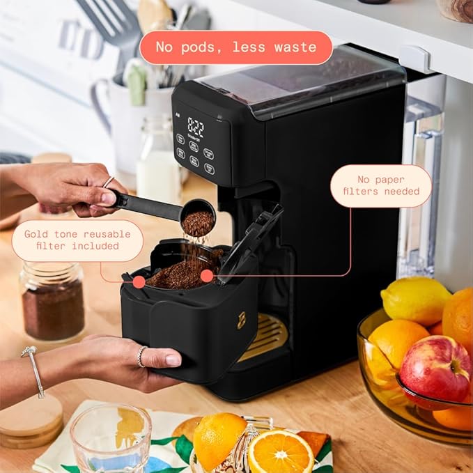 Beautiful Single Serve Coffee Maker with Built-In Burr Grinder, Hot or Iced, Pod-Free, 6 Brew Sizes, 3 Strengths, Touch Display, Reusable Filter, 64oz Reservoir, Slim Design (Black Sesame)