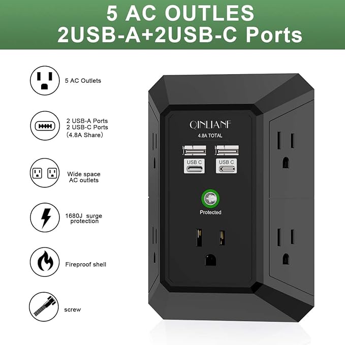 USB Wall Charger, Surge Protector, QINLIANF 5 Outlet Extender with 4 USB Charging Ports(2U2C) 3-Sided 1680J Power Strip Multi Plug Outlets Wall Adapter Spaced for Home Travel Office,Black