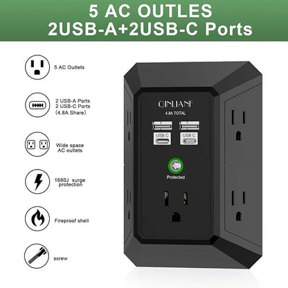 USB Wall Charger, Surge Protector, QINLIANF 5 Outlet Extender with 4 USB Charging Ports(2U2C) 3-Sided 1680J Power Strip Multi Plug Outlets Wall Adapter Spaced for Home Travel Office,Black