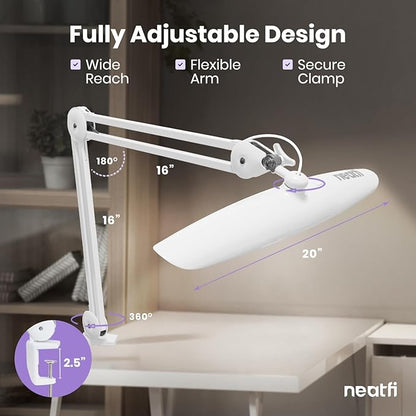 Neatfi XL LED Desk Lamp with Clamp, 2200 Lumens, 24W, 20-Inch Wide Head, Dimmable 4 Brightness Levels, Task Light for Home Office, Crafts, Workbench (Non-CCT, White)