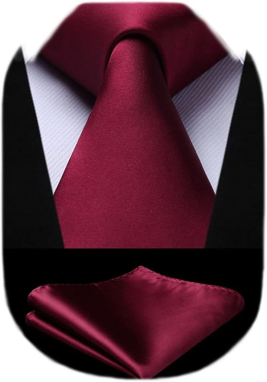HISDERN Mens Solid Color Ties Formal Satin Necktie and Pocket Square Set Classic Wedding Business Tie & Handkerchief
