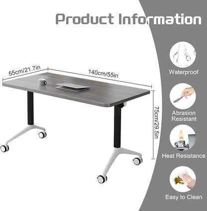 Conference Table,Folding Conference Table with Silent Wheels,Rectangular Business Conference Room Table,for Reception Offices Classrooms Meeting Training Room (2, Grey, 55.1in)