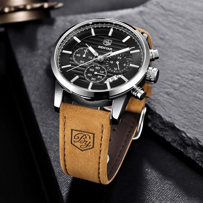 BENYAR Quartz Chronograph Waterproof Watches Business and Sport Design Leather Band Strap Wrist Watch for Men