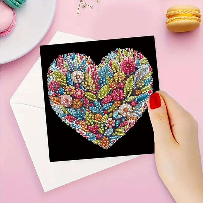 6pcs DIY Heart Flower Diamond Art Painting Greeting Cards Kit, Rhinestone Art Holiday Birthday Card Set with Envelopes, DIY Festival Craft for Girlfriend, Anniversary Valentine's Day Gift Making Supplies