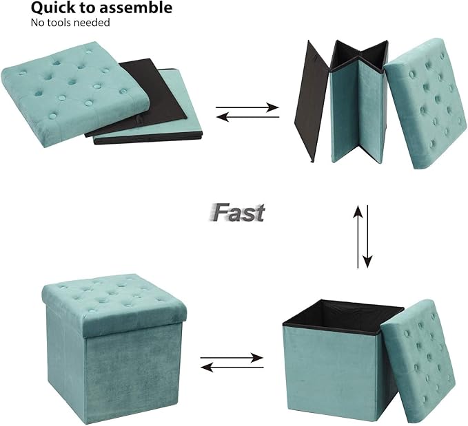 B FSOBEIIALEO Storage Ottoman Cube Velvet Tufted Folding Ottomans Footstool Rest Seat with Removable Lid (Teal, Medium)