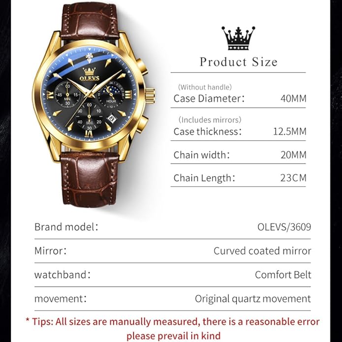OLEVS Men's Leather Analog Quartz Watch - Luxury Chronograph Wristwatch With Date, Waterproof, Luminous - Dress Style