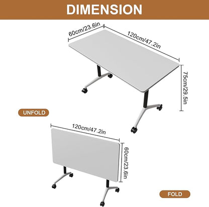 Folding Conference Table, Conference Room Tables Foldable Large Meeting Seminar Table on Wheels,Flip Top Boardroom Training Tables for Office, Classroom,Meeting (8, White2, 47.2in)