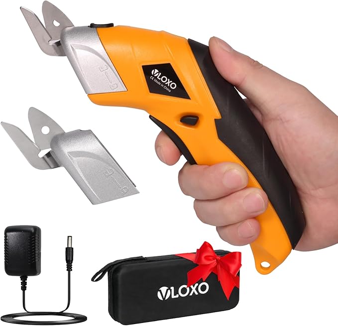 VLOXO Electric Scissors, Cordless Cardboard Cutter Power Fabric Scissors Mini Box Cutter with Blades Rechargeable Multi-Tool for Crafts Leather Cardboard Carpet Plastic Include Case Yellow