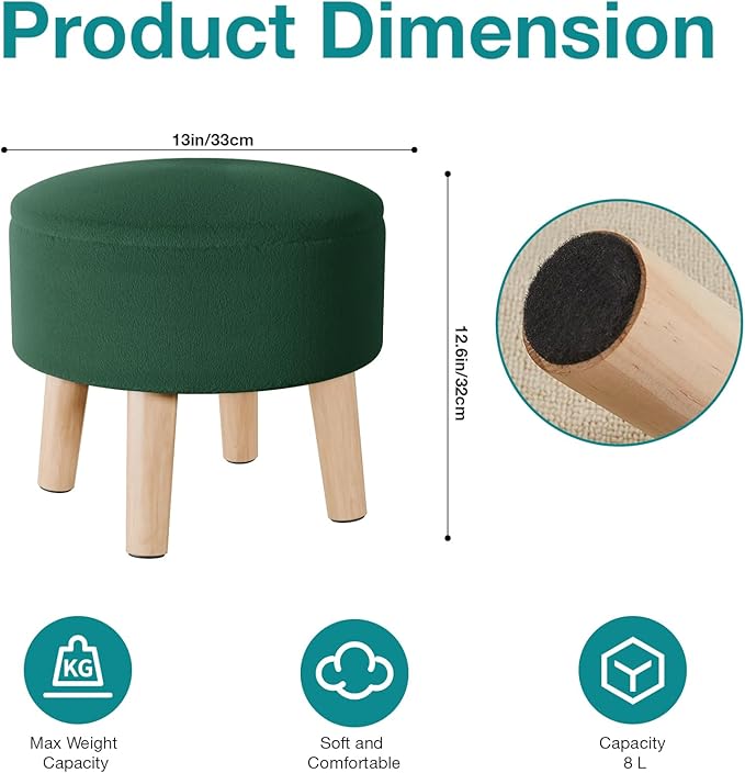 Poofzy Small Ottoman with Storage, Small Foot Stool Ottoman with Wood Legs, Velvet Foot Rest for Couch, Living Room and Bedroom - Dark Green