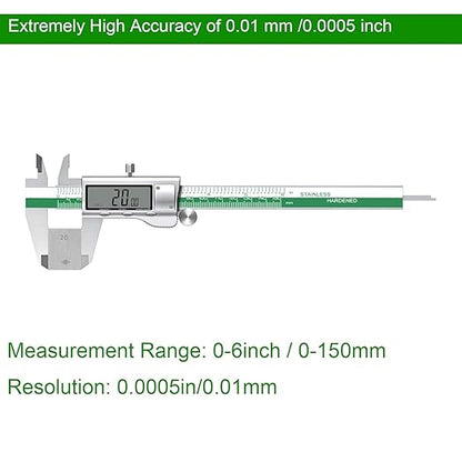 HDLNKAK Digital Vernier Caliper Measuring Tool with Large LCD Screen, Stainless Steel Vernier Caliper Digital Micrometer, Easy Switch from Inch Metric Fraction, 6 Inch Caliper Tool for Household/DIY