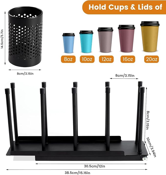 Cup and Lid Holder, Adjustable Coffee Cup Holder Organizer, 4 Compartment Disposable Cup Dispenser with Mesh Basket for Coffee Pod Straw Storage, Countertop, Office Breakroom (Black)
