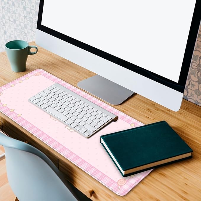 Cute Animals Gaming Mouse Pad Pink Kawaii Cartoon Rabbit Bear Extended Gaming Mouse Pad Mat with Stitched Edge Non-Slip Base Big Mousepad 31.5"x11.8"