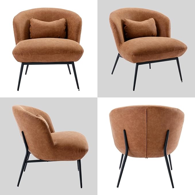 DUOMAY Modern Accent Chair, PU Upholstered Leisure Chair Single Sofa Chair Lounge Chair with Lumbar Pillow Metal Legs Slipper Chair for Living Room Bedroom Office, Brown