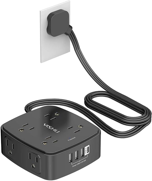 6 Ft Surge Protector Power Strip - YISHU 8 Widely Outlets with 4 USB Ports, 3 Side Outlet Extender with 6 Feet Flat Extension Cord, Ultra Flat Plug, Wall Mount, Desk USB Charging Station, ETL, Black