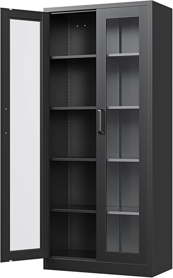 Display Storage Cabinet with Glass Door, 67 Inches Metal Curio Cabinet with 4 Adjustable Shelves, HD Tempered Glass Display Case for Home, Office, Clinic, Pantry, Assemble Required (Black)