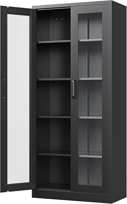 Display Storage Cabinet with Glass Door, 67 Inches Metal Curio Cabinet with 4 Adjustable Shelves, HD Tempered Glass Display Case for Home, Office, Clinic, Pantry, Assemble Required (Black)