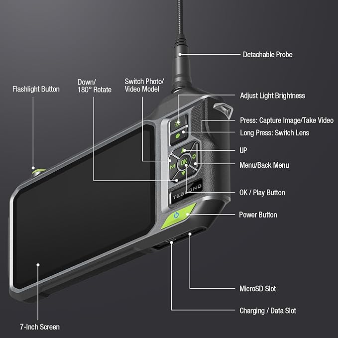 Triple Lens Borescope with 7" IPS Screen, Teslong 1080P HD Industrial Endoscope Inspection Camera with Light, 16.5FT Flexible Automotive Mechanic Scope Tool, Waterproof Pipe Snake Camera in Wall Cam